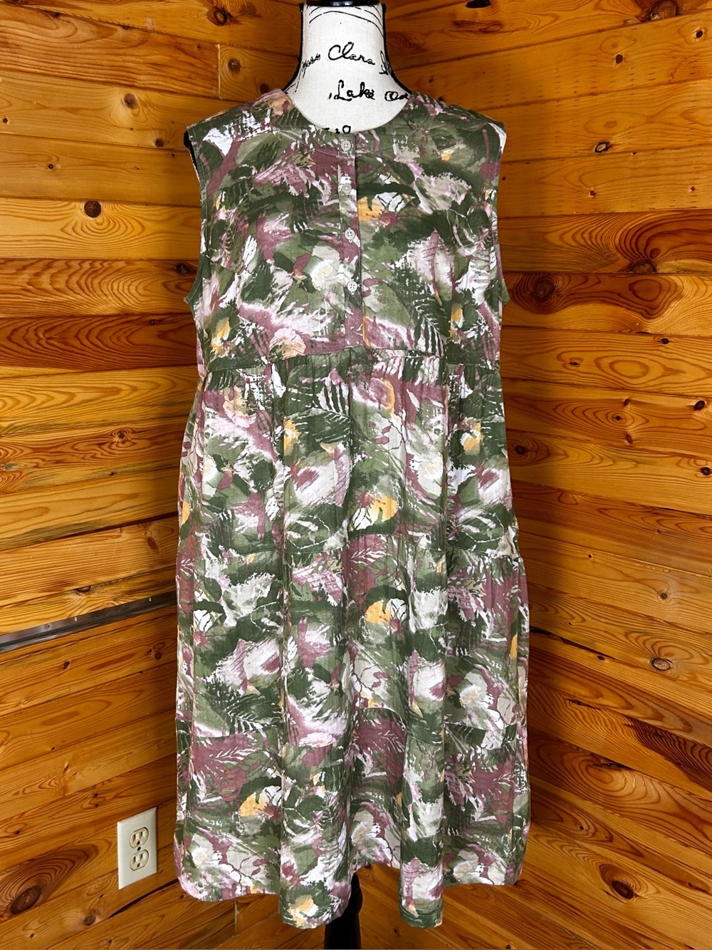 Columbia Olive Green Floral Midi Dress with Pink and Cream Accents